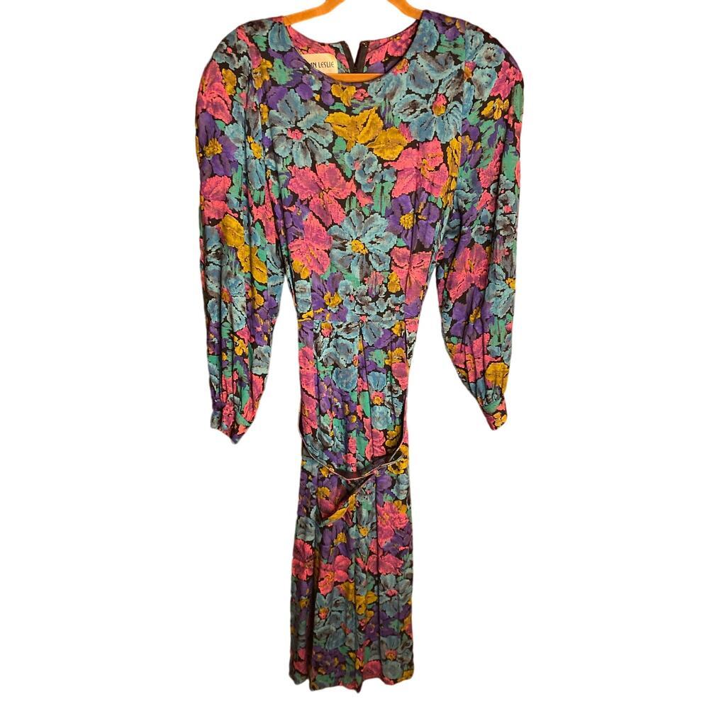 VINTAGE Joan Leslie Floral Belted 80s Dress